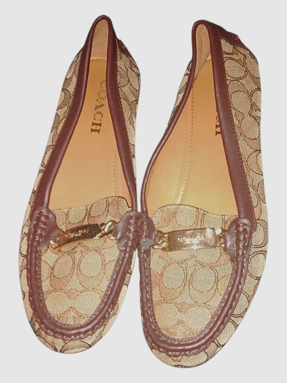 Coach Beige & Brown Signature Canvas Driving Loafers VGC Size 10